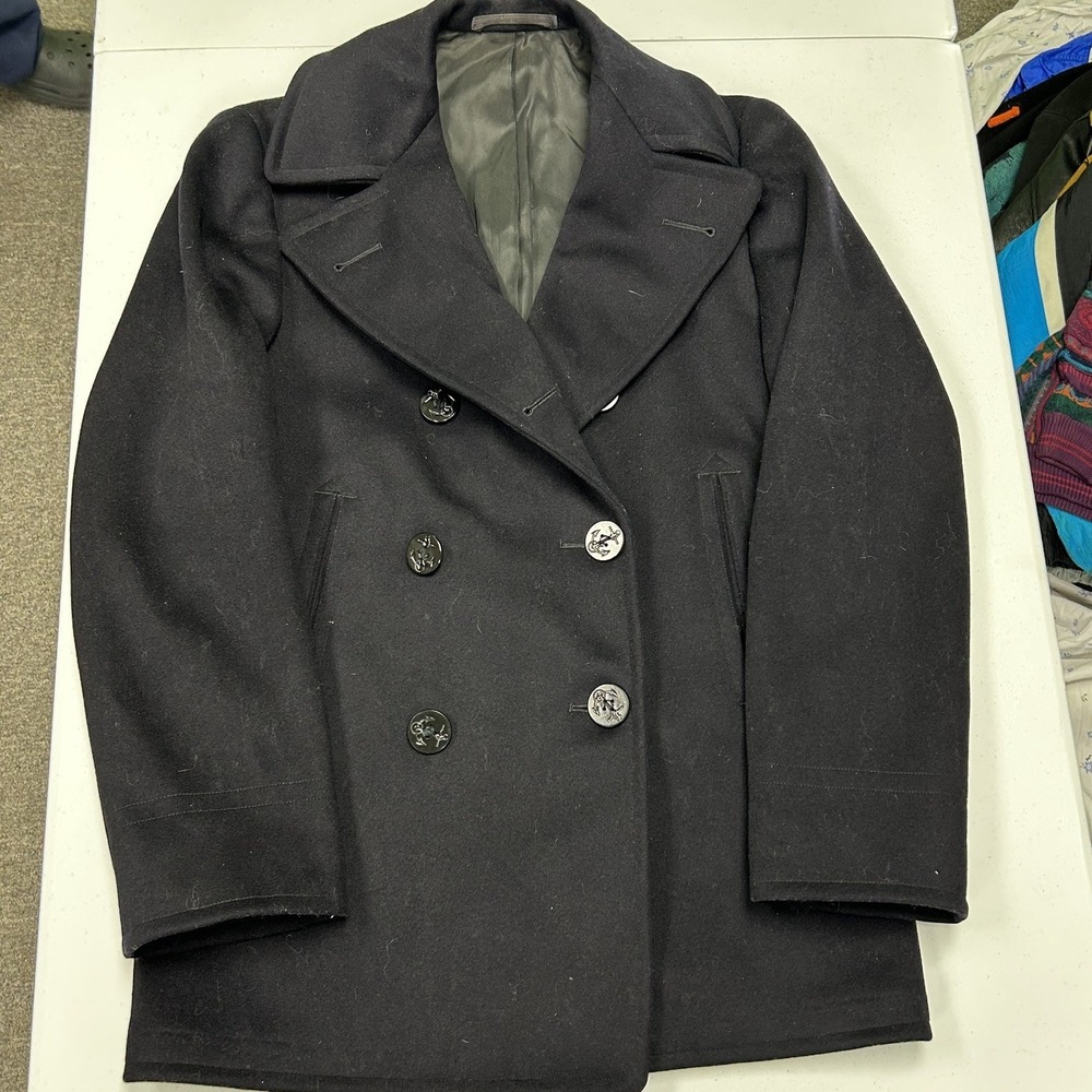 US Navy Style Pea Coat Mens M Navy Blue Good Wool Double Breasted Anchor